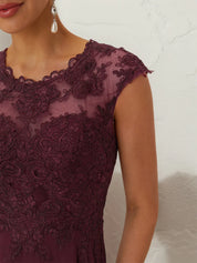 Wine Red Lace Chiffon Crew Neck Cap Sleeve A-Line Maxi Dress