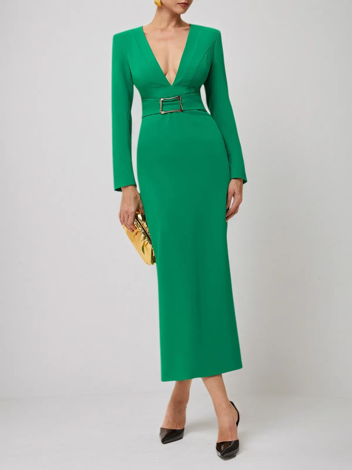 Green Deep V Neck Long Sleeve Sheath Maxi Dress