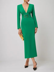 Green Deep V Neck Long Sleeve Sheath Maxi Dress