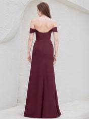 Cabernet Chiffon A Line Off the Shoulder Floor Length Bridesmaid Dress With Slit