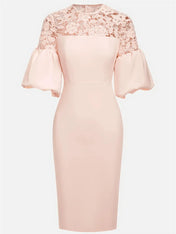 Pink Lace Classic Crew Neck Short Sleeve Balloon Sleeve Sheath Midi Dress
