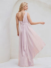 Pink Chiffon A Line One Shoulder Sleeveless Floor Length Bridesmaid Dress
