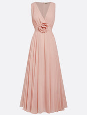 Pink A Line Chiffon V Neck Sleeveless Floor Length Dresses With 3D Flower