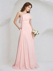 Pink Chiffon A-Line One Shoulder Floor-Length Sleeveless Bridesmaid Dress With Ruffles