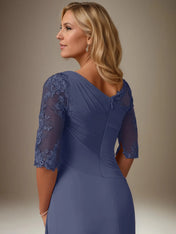 A Line Chiffon Boat Neck 1/2 Sleeves Floor Length Pleated Mother of the Bride Dresses With Appliques