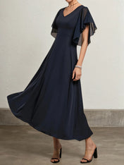 Purplish blue Chiffon V Neck Short Sleeve Bell Sleeve A-Line Midi Dress