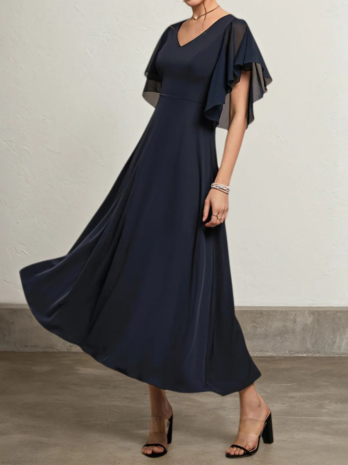 Dreamylily Women Purplish blue Chiffon V Neck Short Sleeve Bell Sleeve A-Line Midi Dress Dreamylily Women Purplish blue Chiffon V Neck Short Sleeve Bell Sleeve A-Line Midi Dress