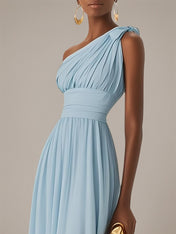 Blue A Line Chiffon One Shoulder Sleeveless Ankle Length Dresses