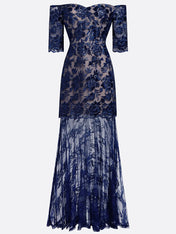 Purplish Blue Lace Sequin Off The Shoulder Half Sleeve Sheath Maxi Dress