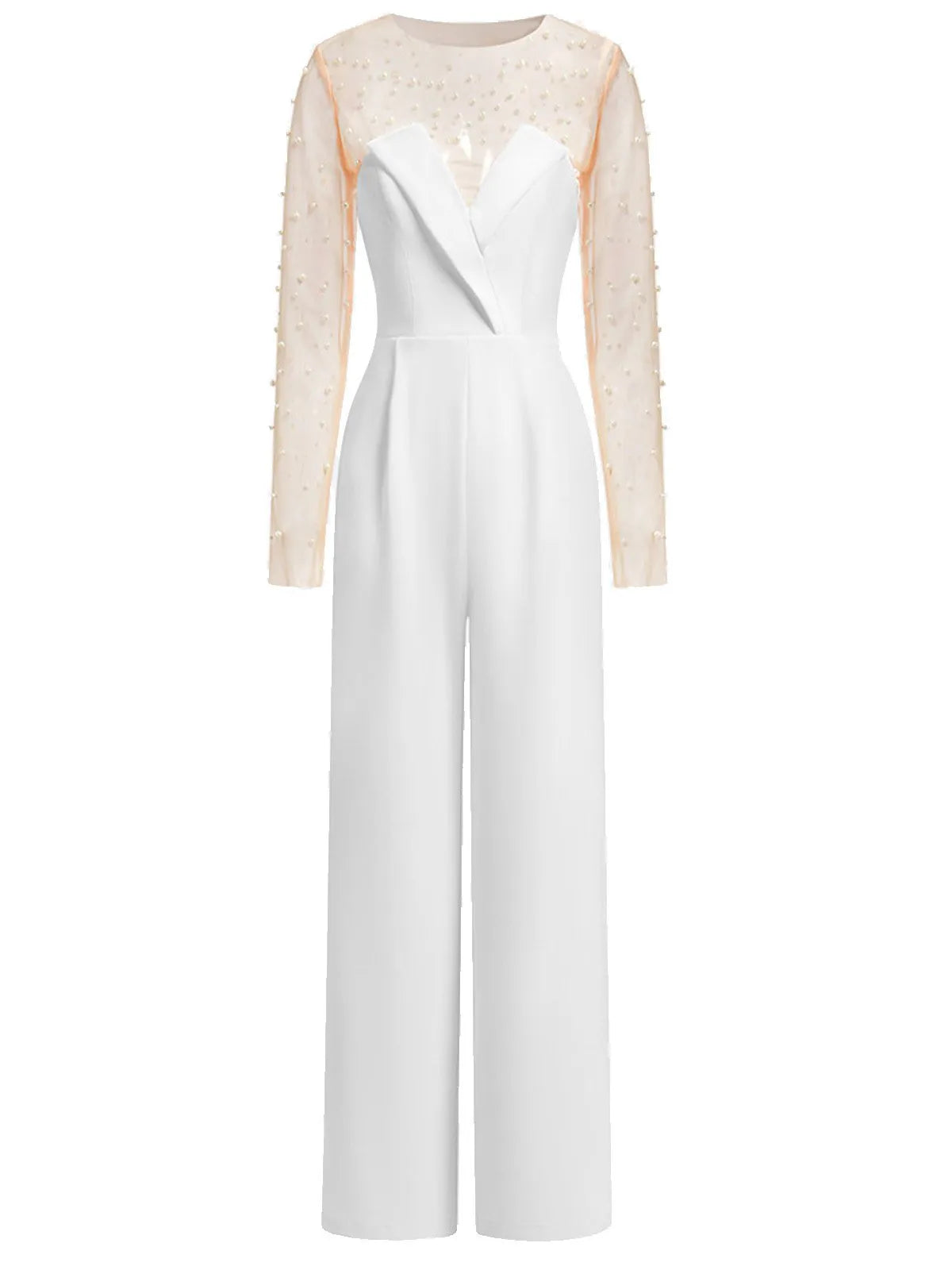 Women White Mesh Imitation Pearls Strapless Wide-Leg Jumpsuit