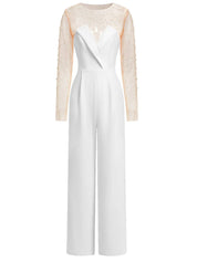Women White Mesh Imitation Pearls Strapless Wide-Leg Jumpsuit