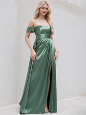 Sea Glass Satin A Line Off the Shoulder Sleeveless Floor Length Bridesmaid Dress