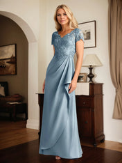 A Line Satin V Neck Short Sleeve Floor Length Dress With Appliques