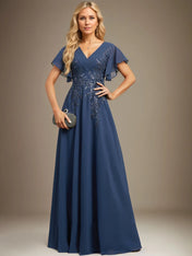 A Line V Neck Floor Length Lace Chiffon Evening Dress With Pleated Sequins