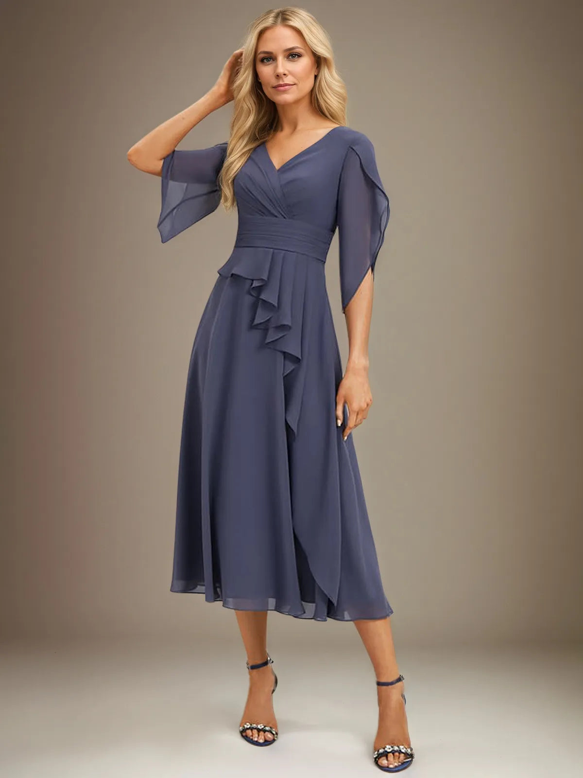 A Line V-Neck Tea-Length Chiffon Mother Of Bride Dresses With Pleated