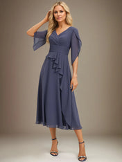 A Line V-Neck Tea-Length Chiffon Mother Of Bride Dresses With Pleated