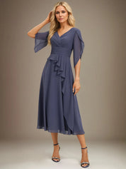 A Line V-Neck Tea-Length Chiffon Mother Of Bride Dresses With Pleated
