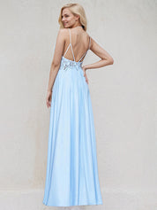 Sky Blue Satin Spaghetti Straps Sleeveless Floor Length Bridesmaid Dress With Beadings
