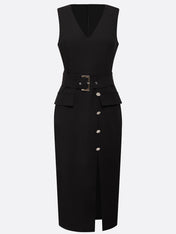 Black Buckle Slit Classic V Neck Sleeveless Sheath Midi Dress