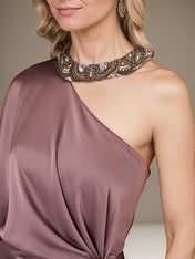 Mauve Satin One Shoulder 1/2 Sleeves Floor Length Pleated Dress With High Slit