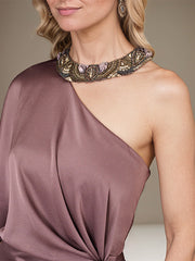 Mauve Satin One Shoulder 1/2 Sleeves Floor Length Pleated Dress With High Slit
