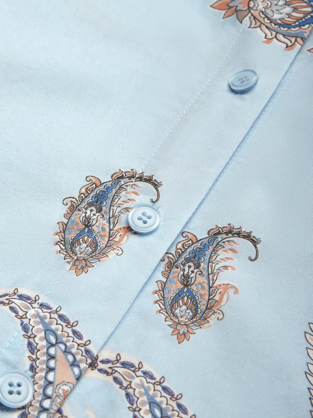 Light Blue Floral Paisley Cotton Shirt Dress Shirt Collar Long Sleeve A-Line Maxi Dress