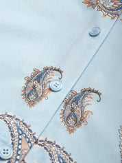 Light Blue Floral Paisley Cotton Shirt Dress Shirt Collar Long Sleeve A-Line Maxi Dress