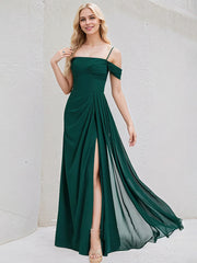 Emerald Chiffon A Line Spaghetti Straps Sleeveless Floor Length Bridesmaid Dress