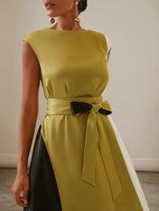 Green Color Block Cap Sleeve Satin Tie Waist A-Line Midi Dress