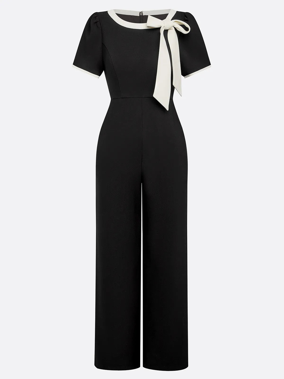 Women Black Bow Boat Neck Short Sleeve Dressy Jumpsuit