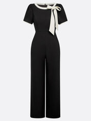 Women Black Bow Boat Neck Short Sleeve Dressy Jumpsuit