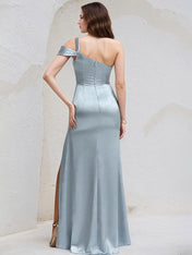 Ice Blue Satin A Line One Shoulder Sleeveless Floor Length Bridesmaid Dress