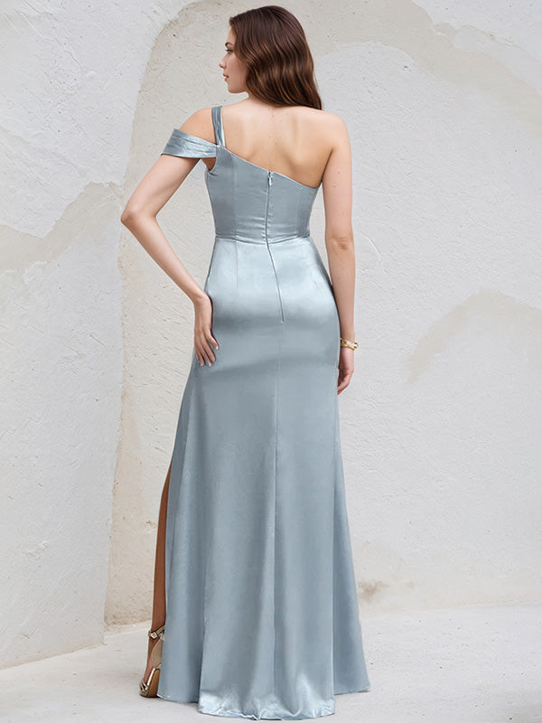 Ice Blue Satin A Line One Shoulder Sleeveless Floor Length Bridesmaid Dress