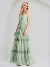 Sage A Line Chiffon V Neck Sleeveless Floor Length Bridesmaid Dresses