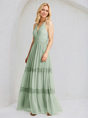 Sage A Line Chiffon V Neck Sleeveless Floor Length Bridesmaid Dresses