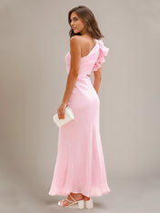 Soft Pink Chiffon Sheath/Column One Shoulder Ankle Length Bridesmaid Dresses