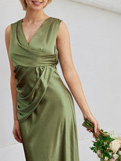 Olive Green Satin Sheath/Column V Neck Floor Length Bridesmaid Dress