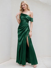 Dark Green Satin A Line One Shoulder Floor Length Bridesmaid Dress