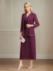 Sheath/Column Chiffon V Neck 3/4 Sleeves Tea Length Mother Of The Bride Dress