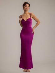 Dark Pink Satin Sheath/Column Spaghetti Straps Sleeveless Floor Length Dress