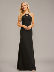 Black Stretch Crepe Sheath/Column Halter Floor-Length Chiffon Bridesmaid Dress