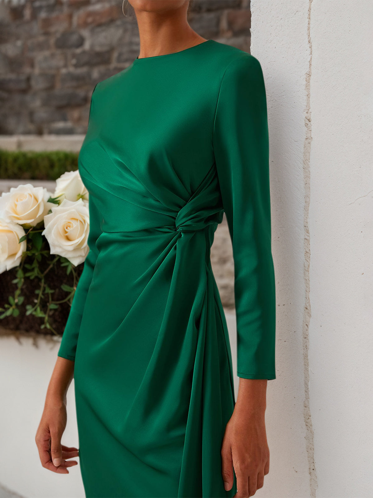 Green Satin Long Sleeve Sheath Midi Dress