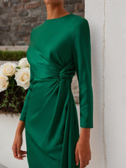 Green Satin Long Sleeve Sheath Midi Dress