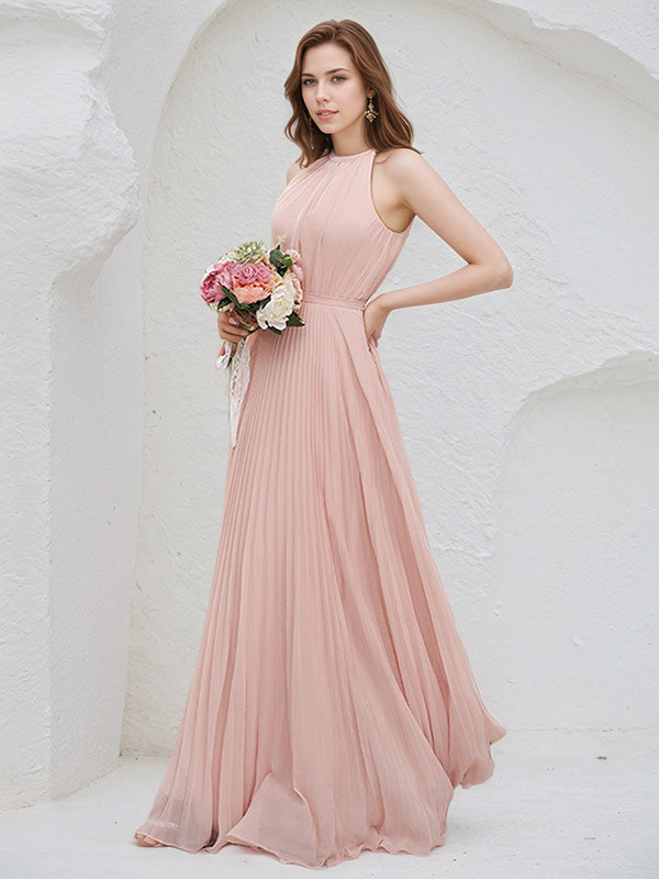 Blush Pink Chiffon A Line Halter Neck Sleeveless Floor Length Bridesmaid Dress