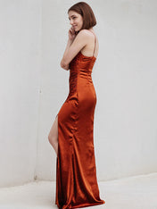 Rust Sheath/Column Satin Spaghetti Straps Sleeveless Floor Length Dress