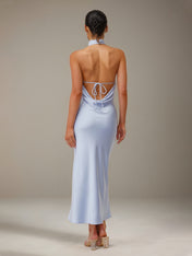 Blue Satin Sheath/Column High Neck Ankle Length Bridesmaid Dresses