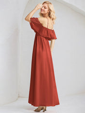 Rust Chiffon A Line Spaghetti Straps Sleeveless Floor Length Bridesmaid Dress With Ruffle