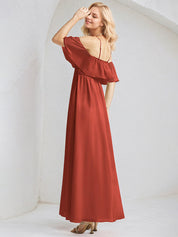 Rust Chiffon A Line Spaghetti Straps Sleeveless Floor Length Bridesmaid Dress With Ruffle