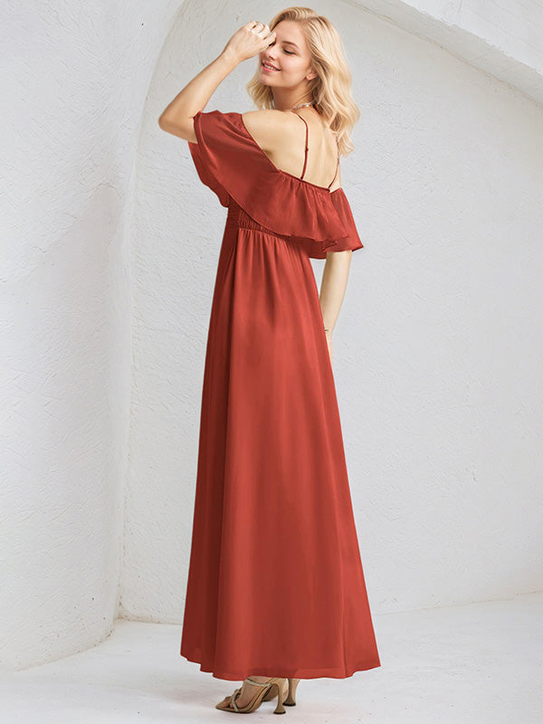Rust Chiffon A Line Spaghetti Straps Sleeveless Floor Length Bridesmaid Dress With Ruffle