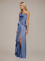 Slate Blue Sheath/Column Satin Asymmetrical Sleeveless Floor Length Dresses With Ruffles